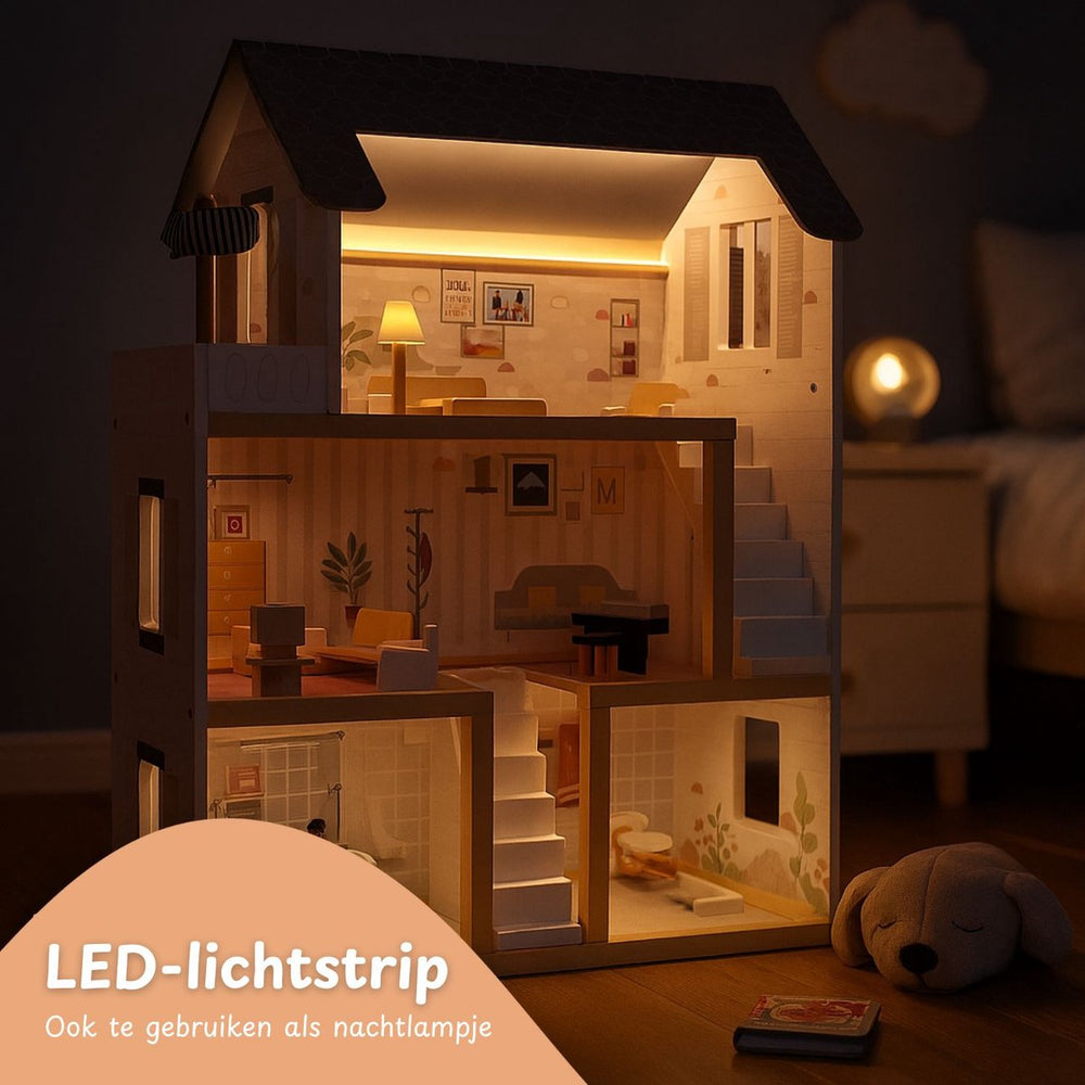 Houten poppenhuis 78cm Grijs met LED-verlichting – inclusief uitgebreide meubelset