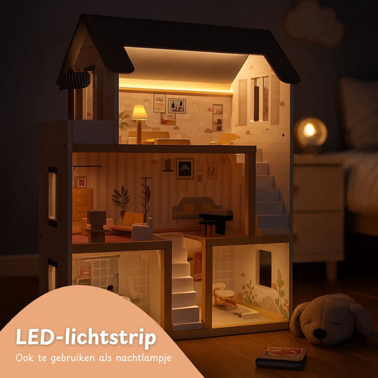 Houten poppenhuis 78cm Grijs met LED-verlichting – inclusief uitgebreide meubelset