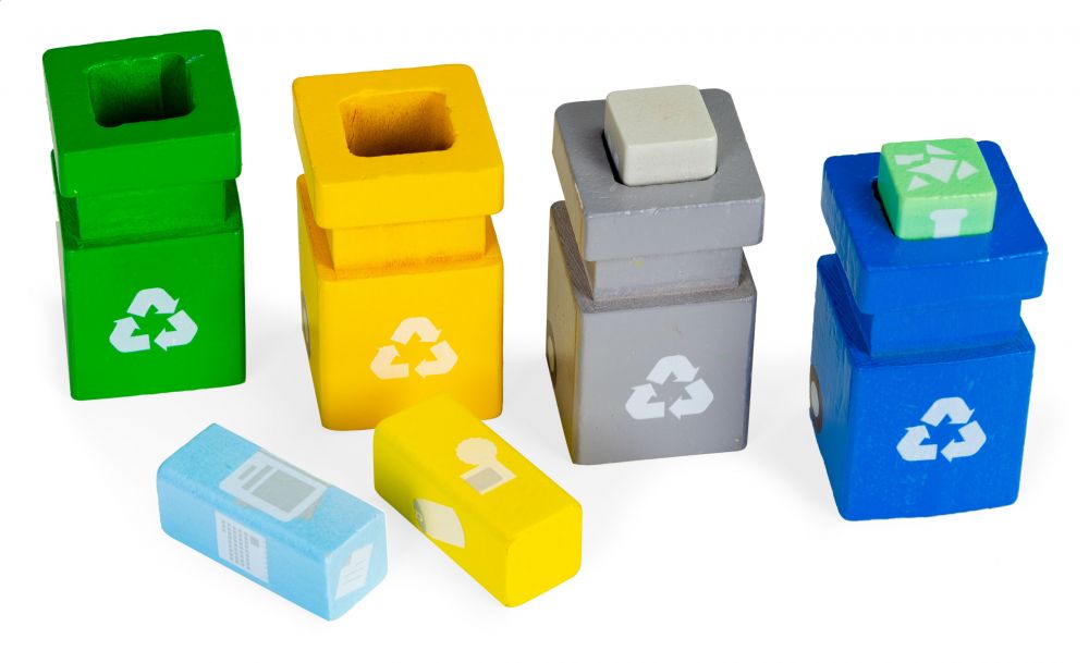 Houten Vuilniswagen met Kiepmecanisme en 4 Containers