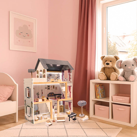 Houten poppenhuis 78cm Grijs met LED-verlichting – inclusief uitgebreide meubelset