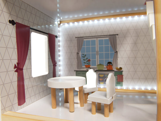 Houten poppenhuis 78cm Grijs met LED-verlichting – inclusief uitgebreide meubelset