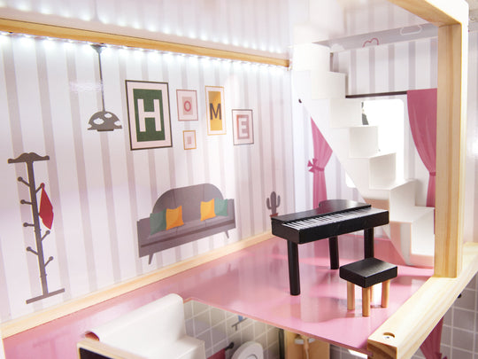 Houten poppenhuis 78cm Grijs met LED-verlichting – inclusief uitgebreide meubelset