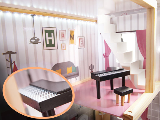 Houten poppenhuis 78cm Grijs met LED-verlichting – inclusief uitgebreide meubelset