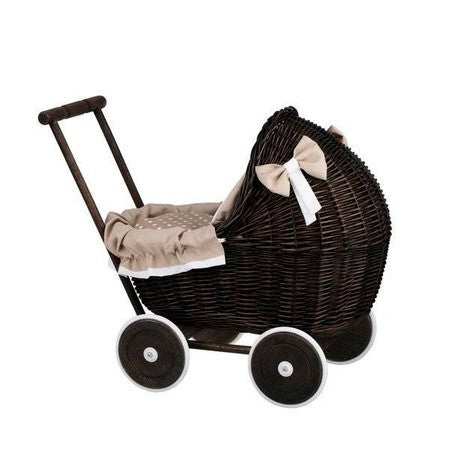 Dark Painted Wicker Doll Pram β Beige Bedding