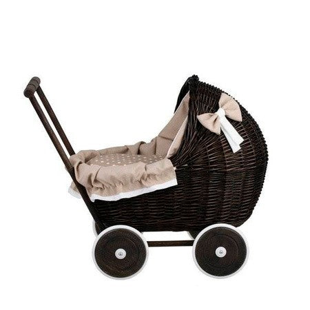 Dark Painted Wicker Doll Pram β Beige Bedding