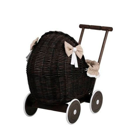 Dark Painted Wicker Doll Pram – Beige Bedding