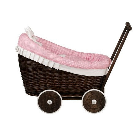 Dark Painted Wicker Doll Pram Luna β Pink Bedding