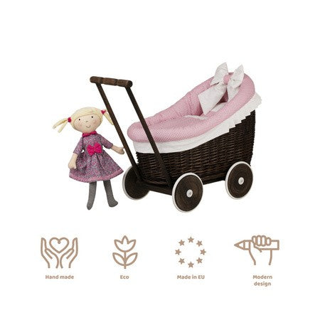 Dark Painted Wicker Doll Pram Luna β Pink Bedding