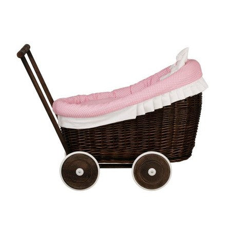 Dark Painted Wicker Doll Pram Luna – Pink Bedding