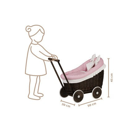 Dark Painted Wicker Doll Pram Luna – Pink Bedding