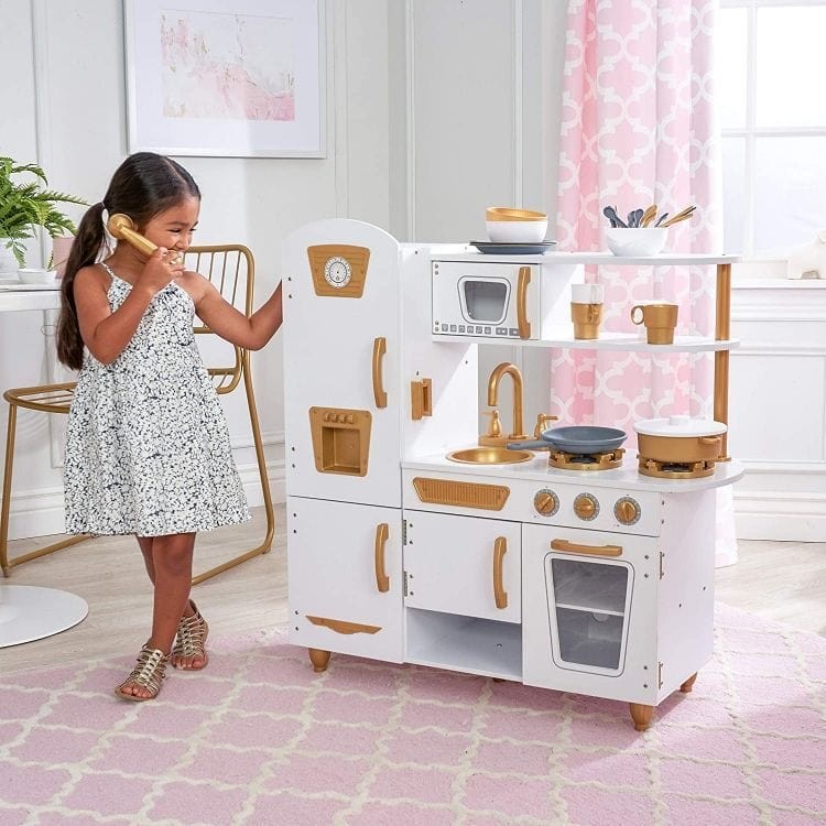Large White and Gold Wooden Play Kitchen for Children