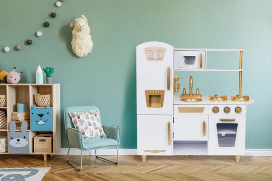 Large White and Gold Wooden Play Kitchen for Children