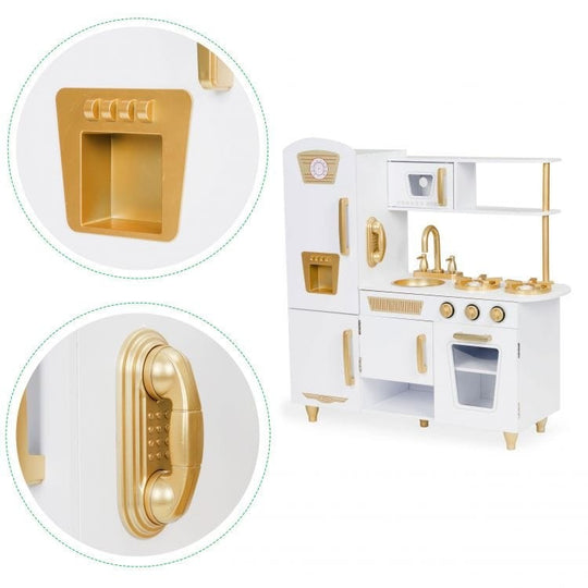 Large White and Gold Wooden Play Kitchen for Children