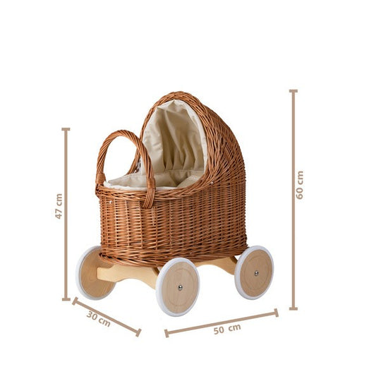 Natural Wicker Doll Pram β Beige Bedding