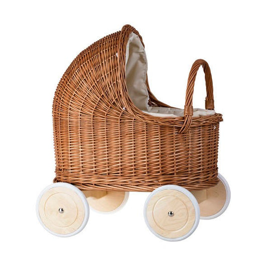 Natural Wicker Doll Pram β Beige Bedding