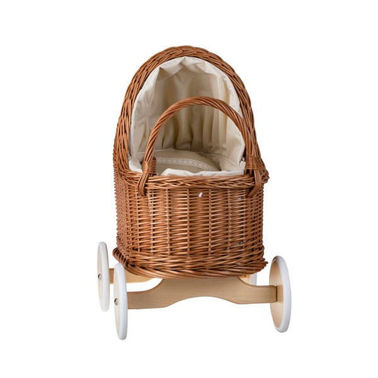 Natural Wicker Doll Pram β Beige Bedding