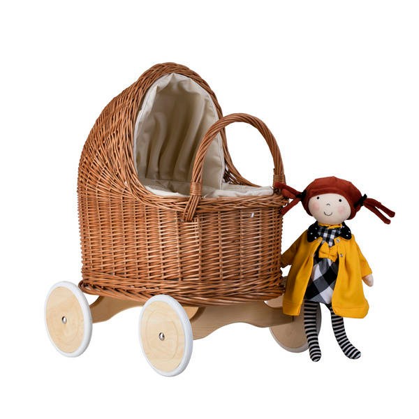 Natural Wicker Doll Pram – Beige Bedding