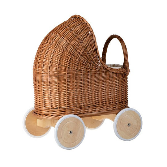 Natural Wicker Doll Pram β Beige Bedding