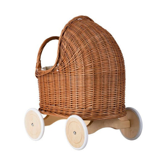Natural Wicker Doll Pram β Beige Bedding