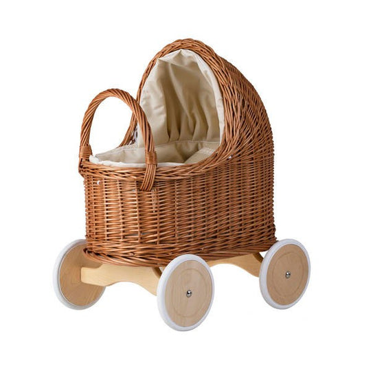 Natural Wicker Doll Pram β Beige Bedding