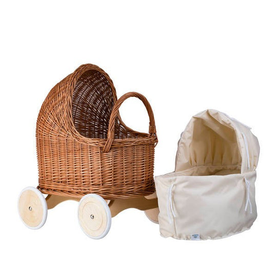 Natural Wicker Doll Pram β Beige Bedding