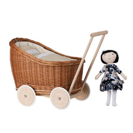 Natural Wicker Doll Pram Luna β Beige Bedding