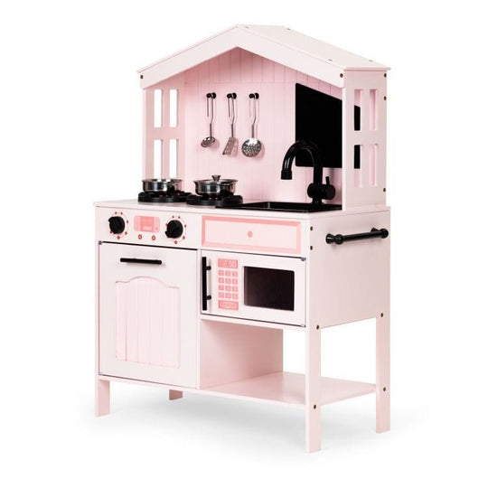 Pink Wooden Play Kitchen with Oven, Burners, Microwave and Accessories