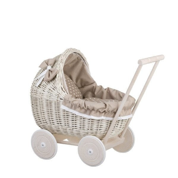 Whitewashed Wicker Doll Pram β Beige Bedding