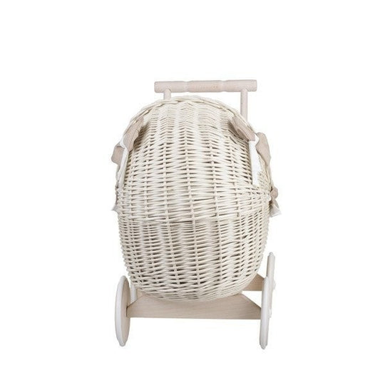 Whitewashed Wicker Doll Pram – Beige Bedding