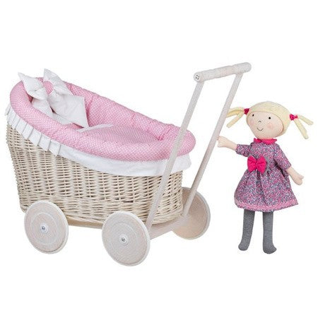 Whitewashed Wicker Doll Pram Luna β Pink Bedding
