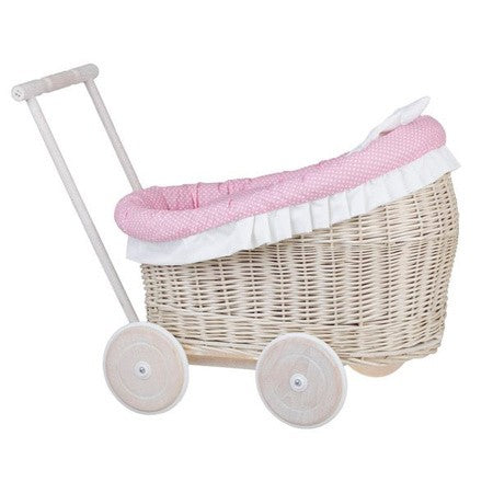 Whitewashed Wicker Doll Pram Luna β Pink Bedding