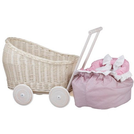 Whitewashed Wicker Doll Pram Luna – Pink Bedding