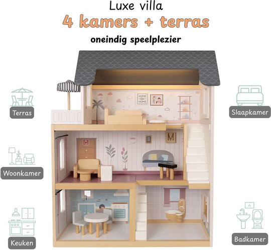 Houten poppenhuis 78cm Grijs met LED-verlichting – inclusief uitgebreide meubelset