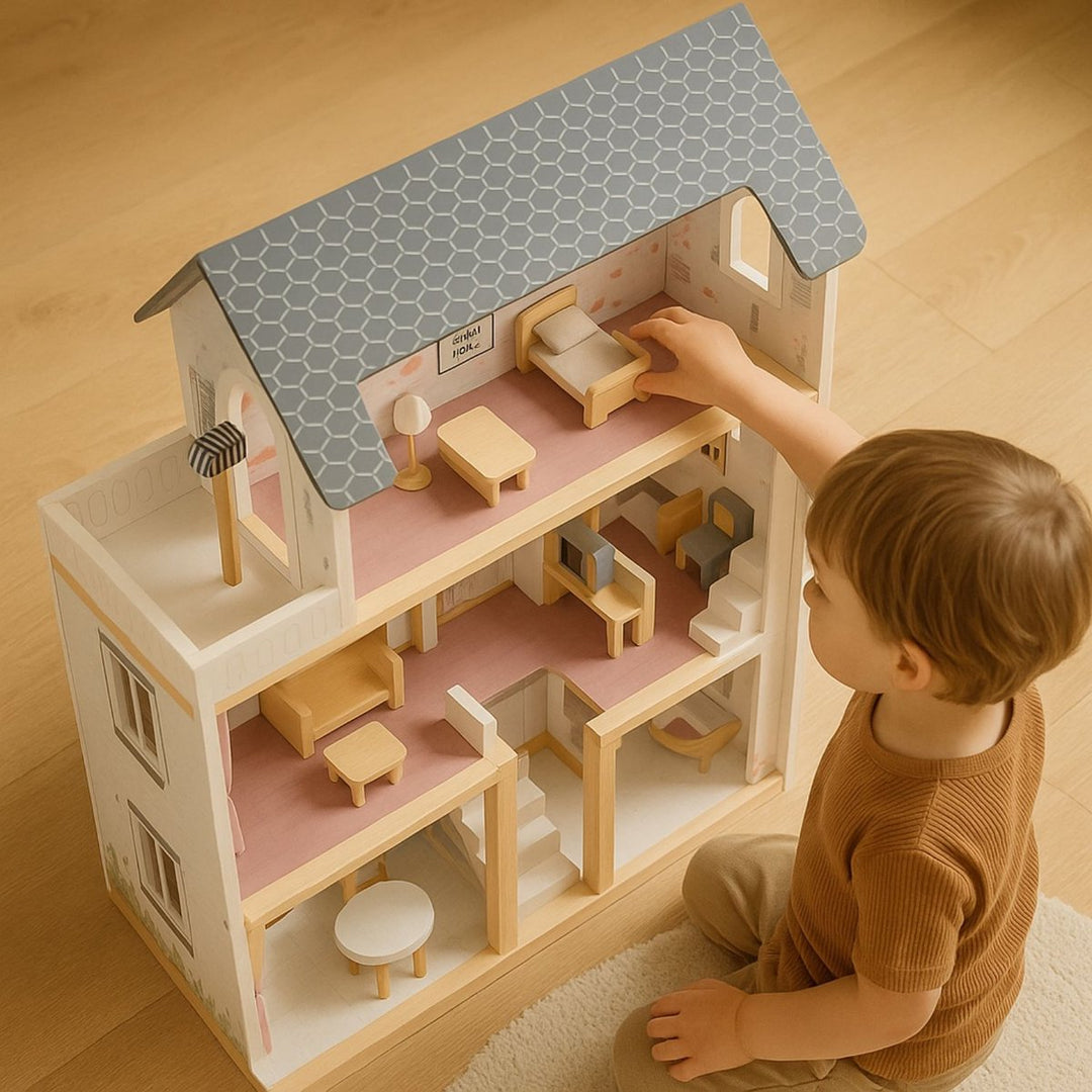 Houten poppenhuis 78cm Grijs met LED-verlichting – inclusief uitgebreide meubelset