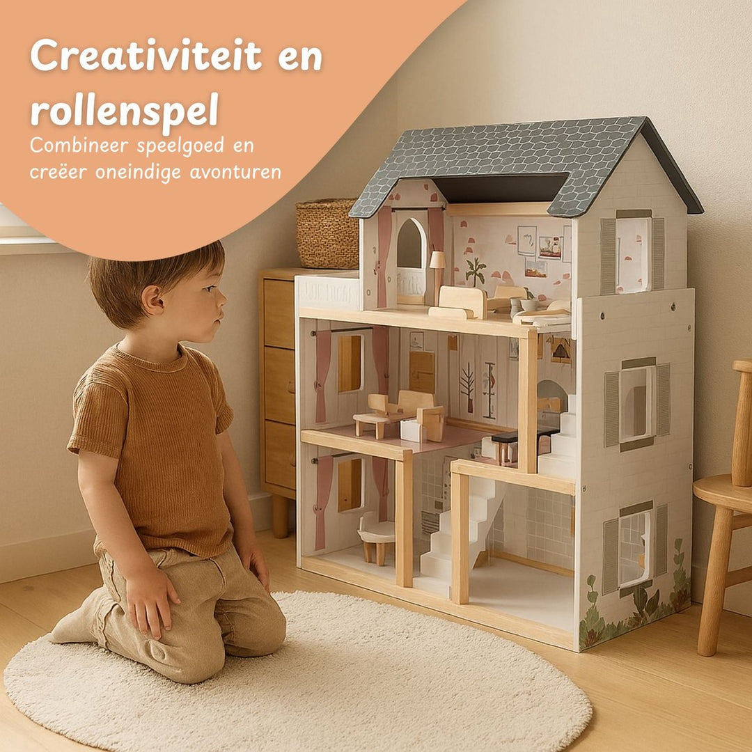 Houten poppenhuis 78cm Grijs met LED-verlichting – inclusief uitgebreide meubelset