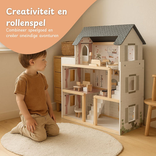 Houten poppenhuis 78cm Grijs met LED-verlichting – inclusief uitgebreide meubelset