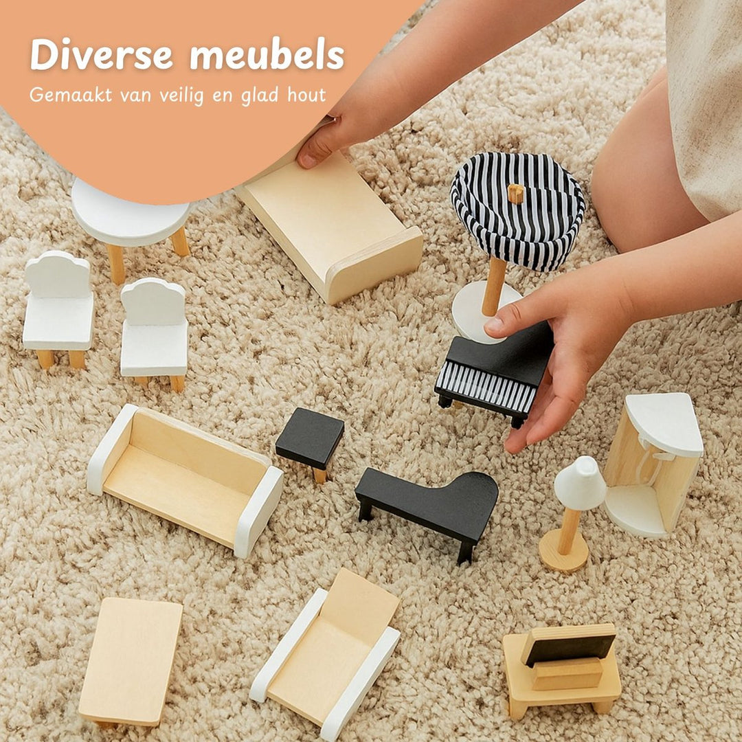 Houten poppenhuis 78cm Grijs met LED-verlichting – inclusief uitgebreide meubelset