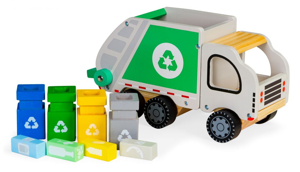 Houten Vuilniswagen met Kiepmecanisme en 4 Containers