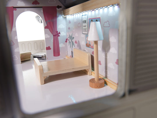 Houten poppenhuis 78cm Grijs met LED-verlichting – inclusief uitgebreide meubelset