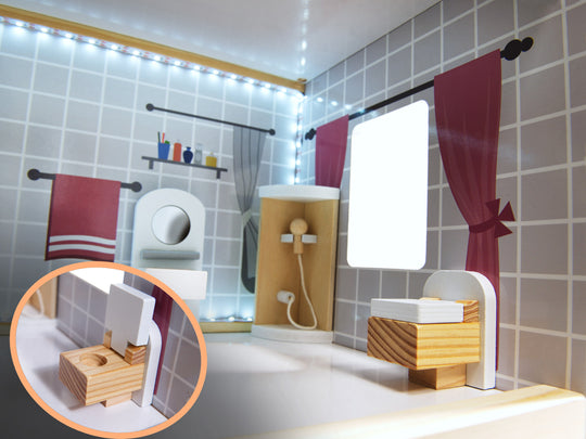 Houten poppenhuis 78cm Grijs met LED-verlichting – inclusief uitgebreide meubelset