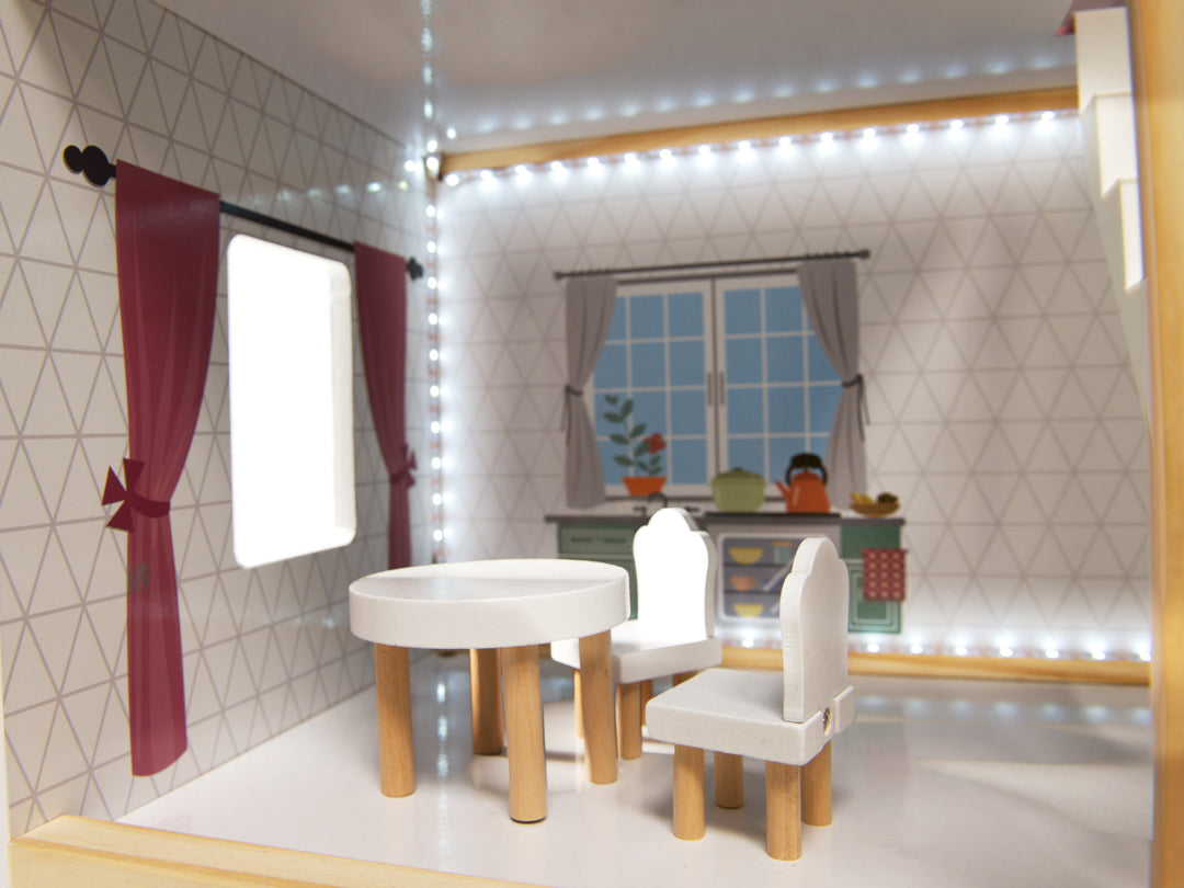Houten poppenhuis 78cm Grijs met LED-verlichting – inclusief uitgebreide meubelset