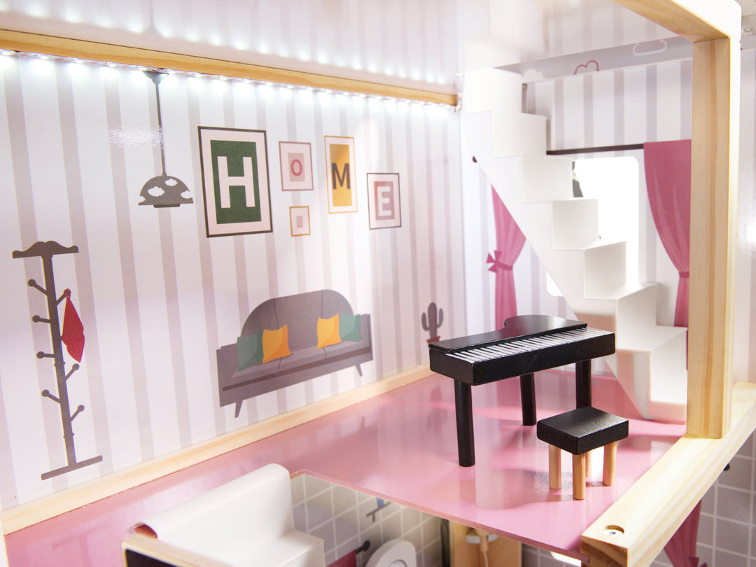 Houten poppenhuis 78cm Grijs met LED-verlichting – inclusief uitgebreide meubelset