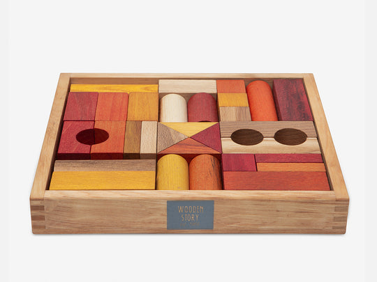 Houten blokken in een doos - Warme Kleuren, 30 stuks
