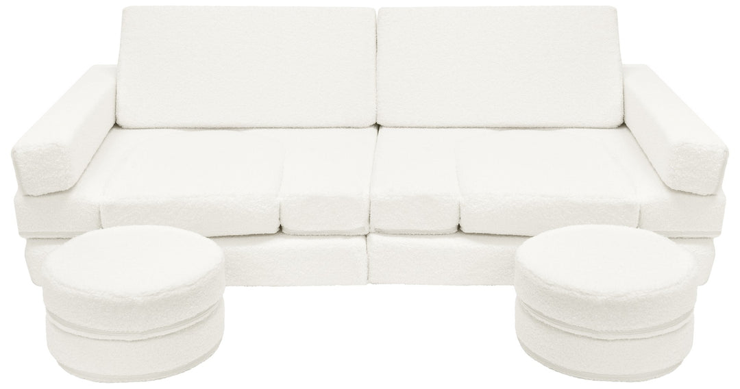 Modular bouclé sofa bed, multifunctional foam blocks, car with steering wheel