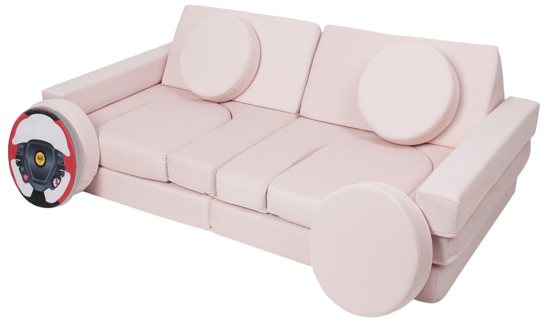 Modular sofa bed, multifunctional foam blocks, car with steering wheel