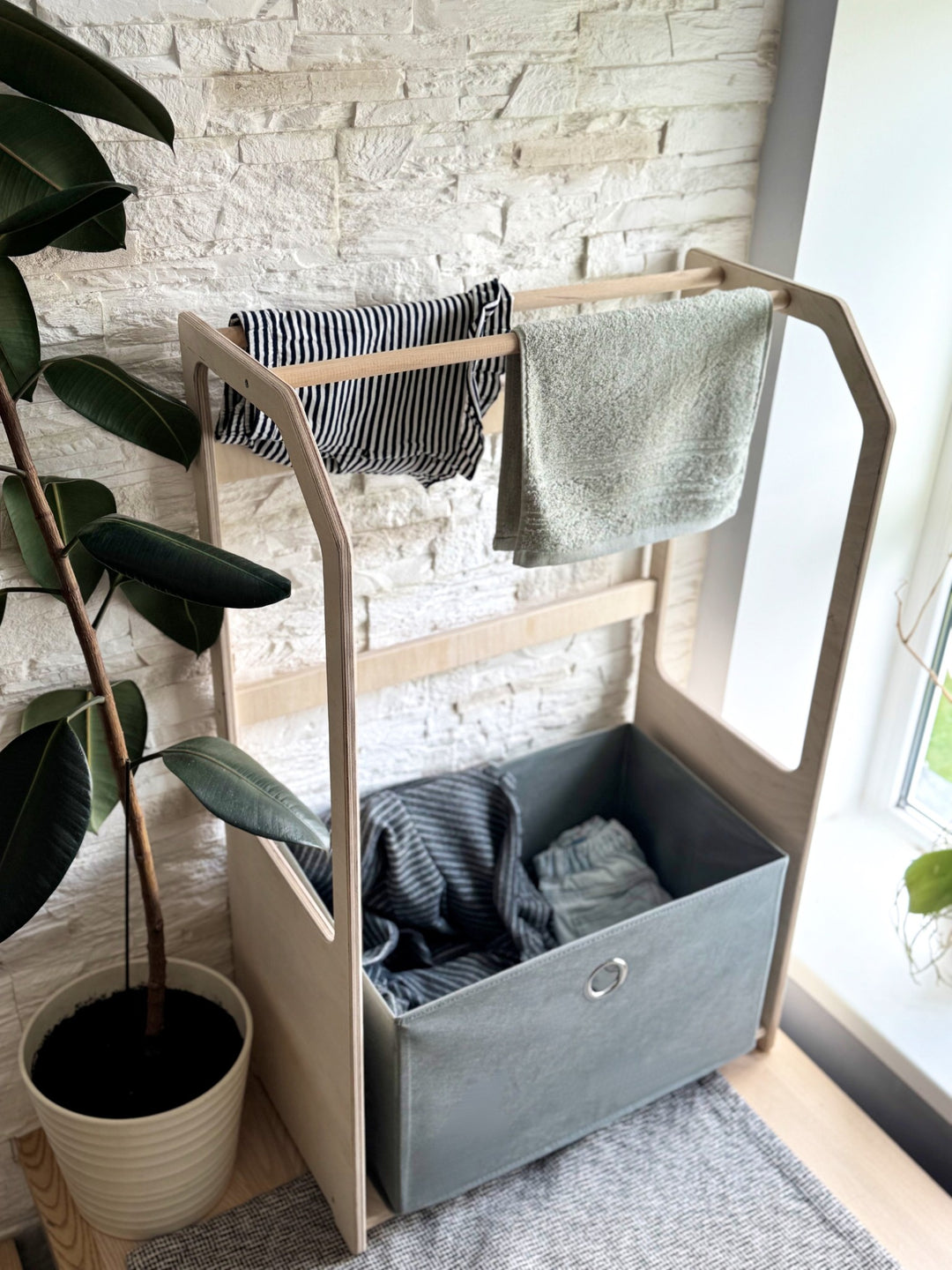 Montessori Wooden Clothes Drying Rack with Grey Storage