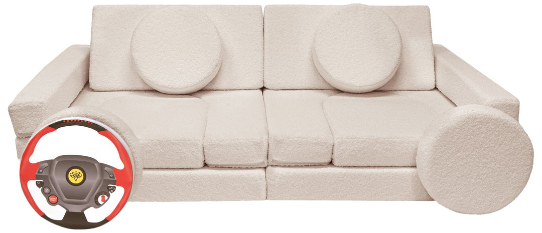 Modular bouclé sofa bed, multifunctional foam blocks, car with steering wheel