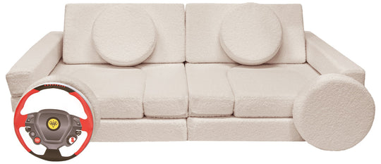 Modular bouclé sofa bed, multifunctional foam blocks, car with steering wheel