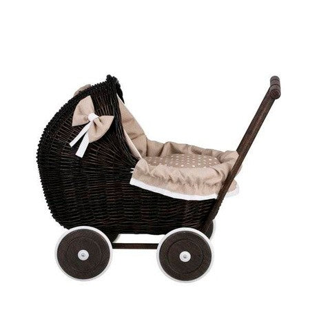 Dark Painted Wicker Doll Pram – Beige Bedding