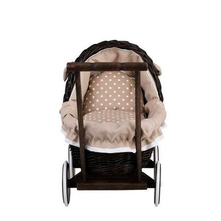 Dark Painted Wicker Doll Pram – Beige Bedding